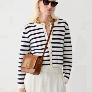 J. Crew Emilie Stripe Sweater Jacket In Navy Ivory NWT Size L